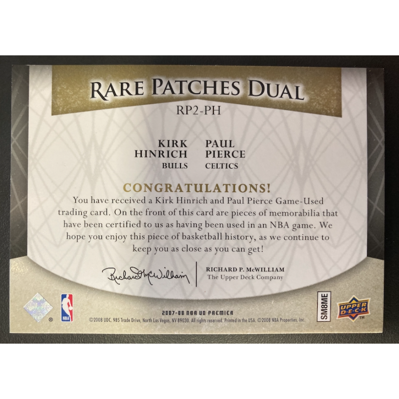 PIERCE / HINRICH 2007 UPPERDECK PREMIER RARE PATCHES DUAL RP2-PH 1/1