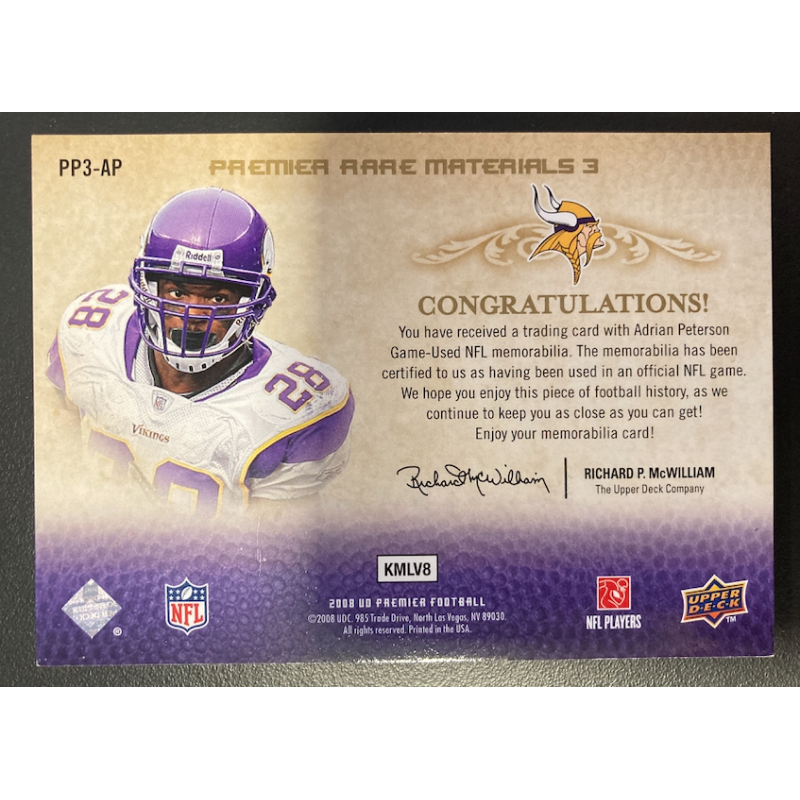 ADRIAN PETERSON 2008 UD PREMIER RARE TRIPLE MATERIALS /50