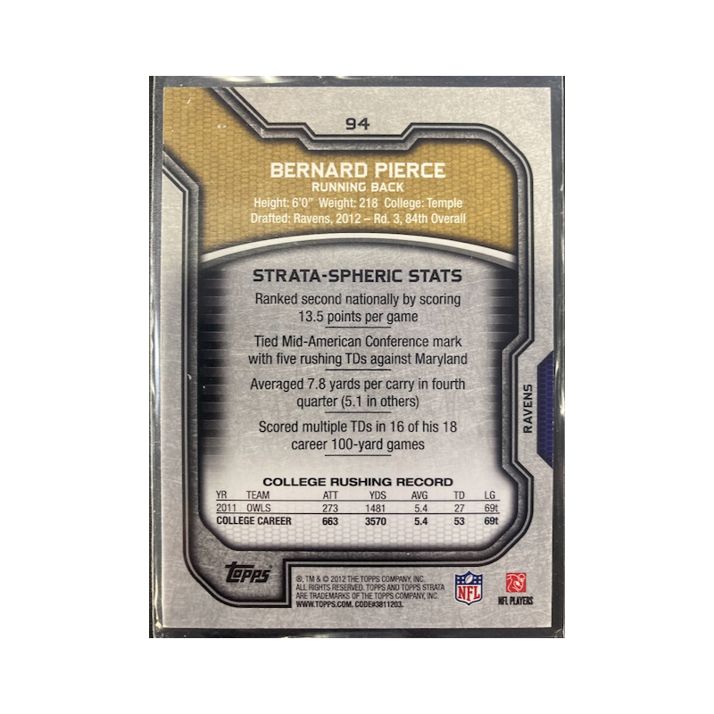 BERNARD PIERCE 2012 TOPPS STRATA ROOKIE /50 - EXMT CONDITION