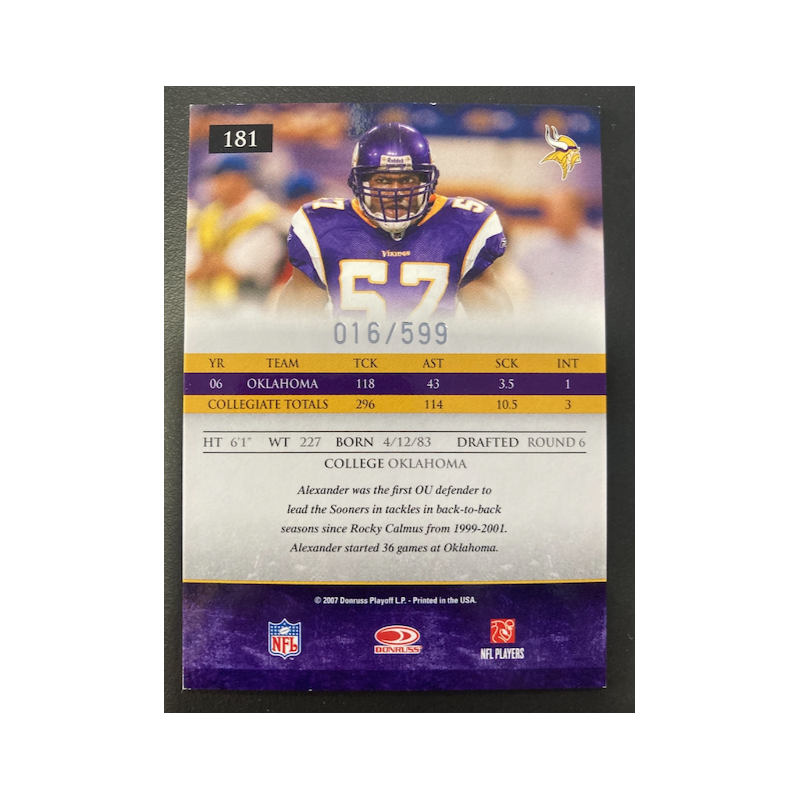 RUFUS ALEXANDER 2007 GRIDIRON GEAR ROOKIE /599