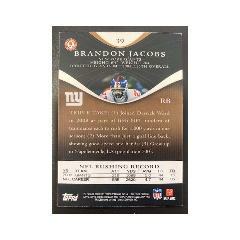 BRANDON JACOBS 2009 TOPPS TRIPLE THREADS /99 - EXMT CONDITION