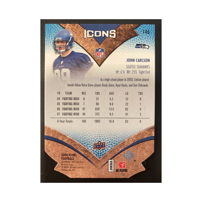 JOHN CARLSON 2008 UD ICONS FOOTBAL ROOKIE DIECUT /89