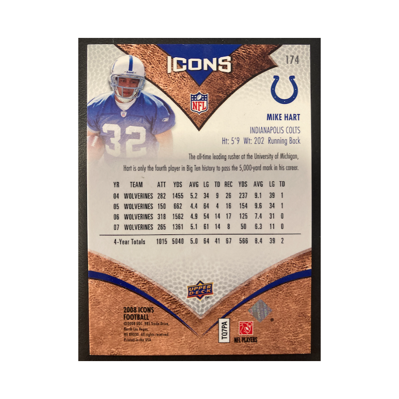 MIKE HART 2008 UD NFL ICONS ROOKIE /750