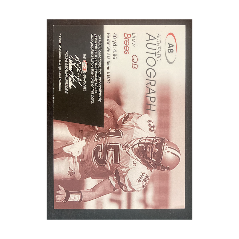 DREW BREES 2001 SAGE SILVER AUTO A8 8/300