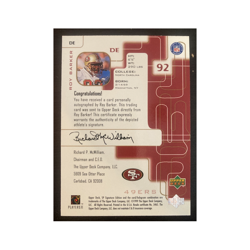 ROY BARKER 1999 UPPERDECK SP SIGNATURE DE