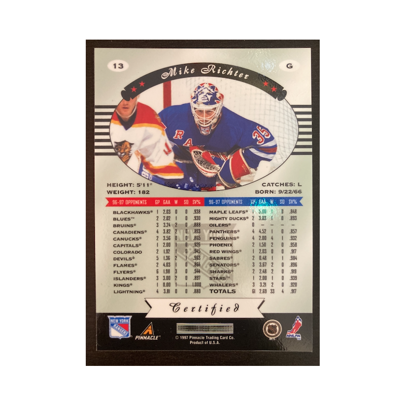 MIKE RICHTER 1997 PINNACLE CERTIFIED RED 13