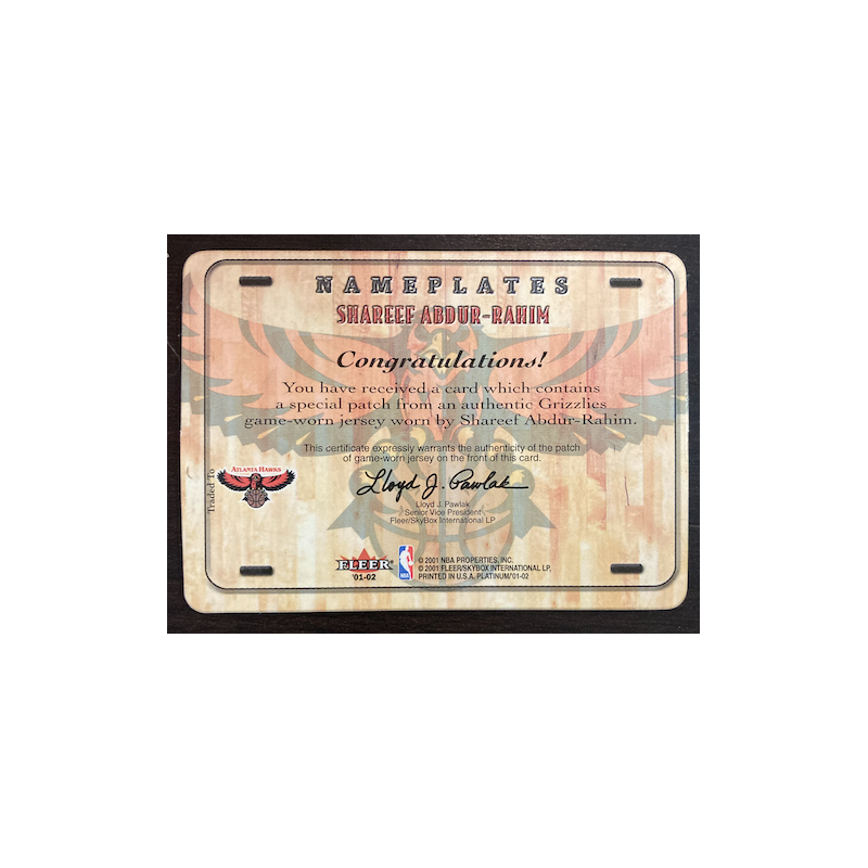 SHAREEF ABDUR-RAHIM 2001 FLEER PLATINUM NAMEPLATES PATCH