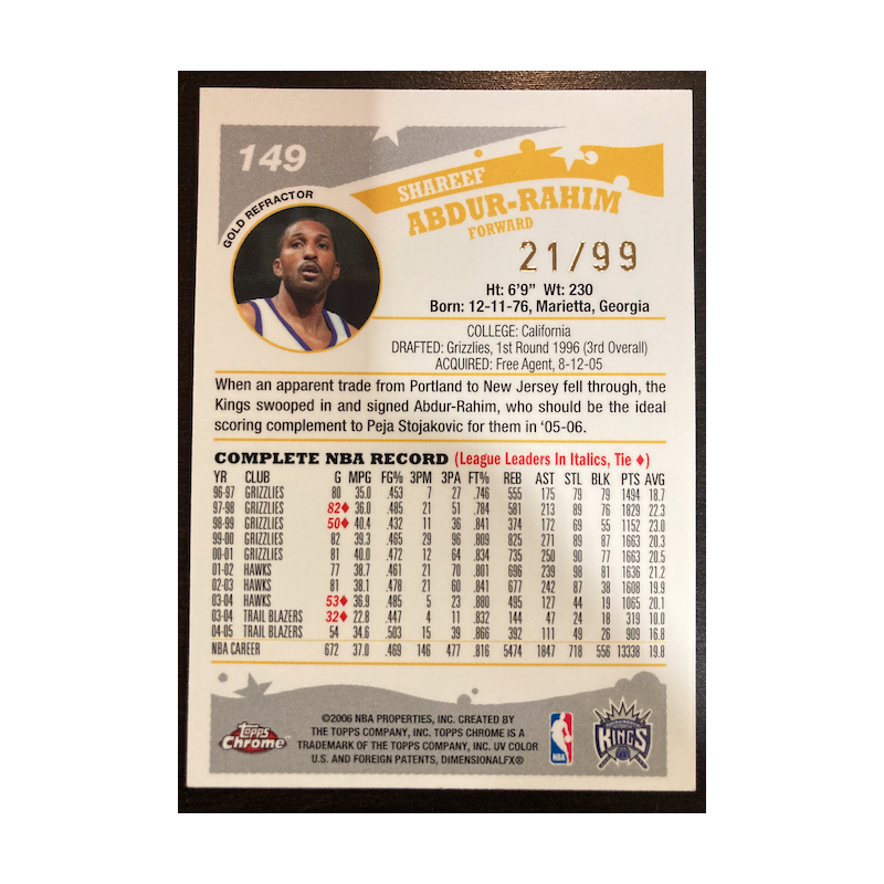 SHAREEF ABDUR-RAHIM 2005 TOPPS CHROME REFRACTOR GOLD 149 21/99