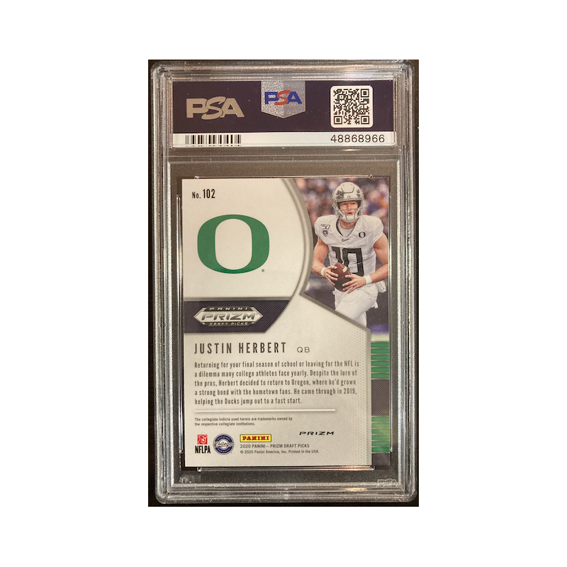 JUSTIN HERBERT 2020 PANINI PRIZM DP RED PRIZM ROOKIE PSA 10