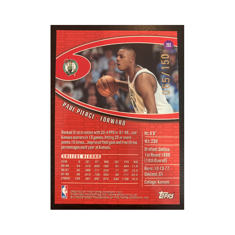 PAUL PIERCE 1998 TOPPS STADIUM CLUB ONE OF A KIND 203 65/150