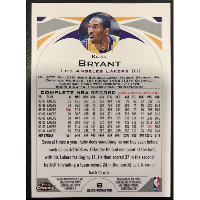 KOBE BRYANT 2004 TOPPS CHROME BLACK REFRACTOR 151/500
