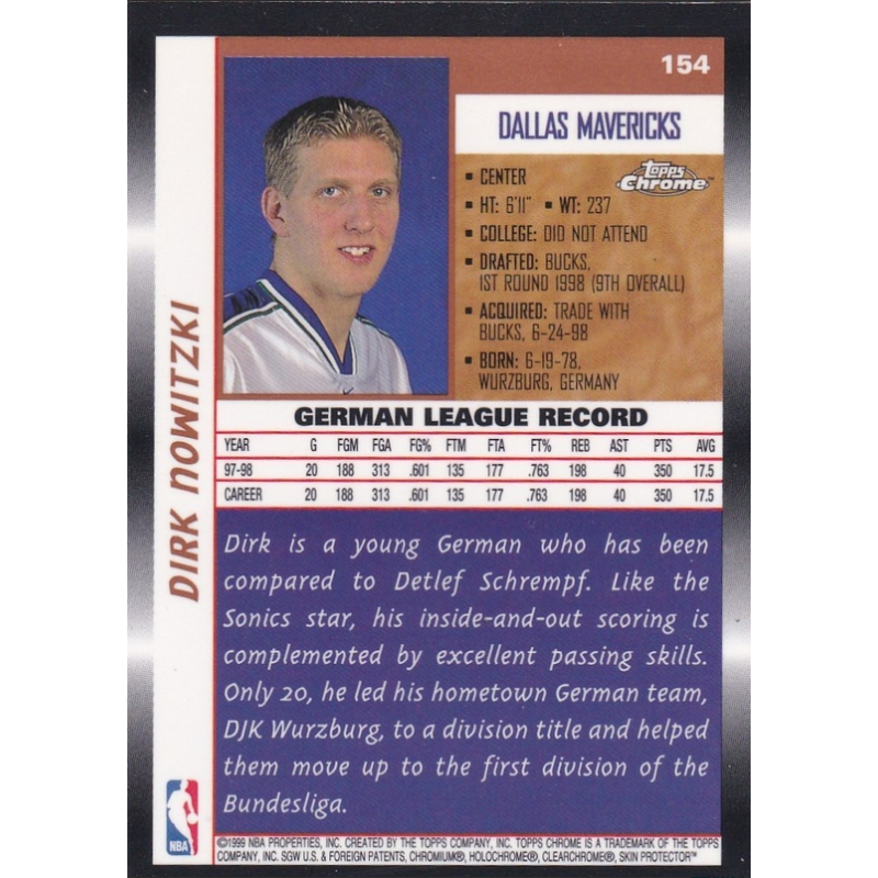 DIRK NOWITZKI 1998 TOPPS CHROME RC 154