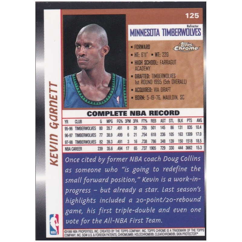 KEVIN GARNETT 1998 TOPPS CHROME REFRACTOR 125