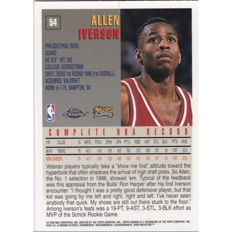 ALLEN IVERSON TOPPS CHROME 1997 54