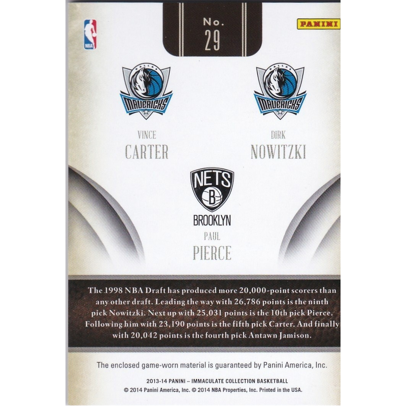 PIERCE / CARTER / NOWITZKI 2012 PANINI IMMACULATE TRIO PRIME 3 PATCHES 29 03/10