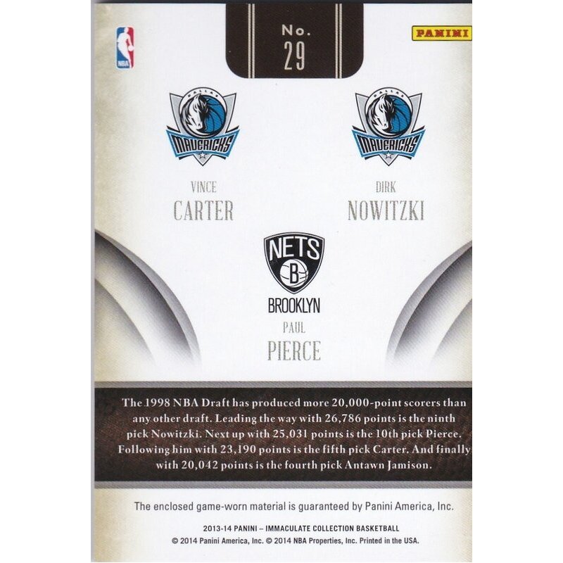 PIERCE / CARTER / NOWITZKI 2012 PANINI IMMACULATE TRIO PRIME 3 PATCHES 29 03/10