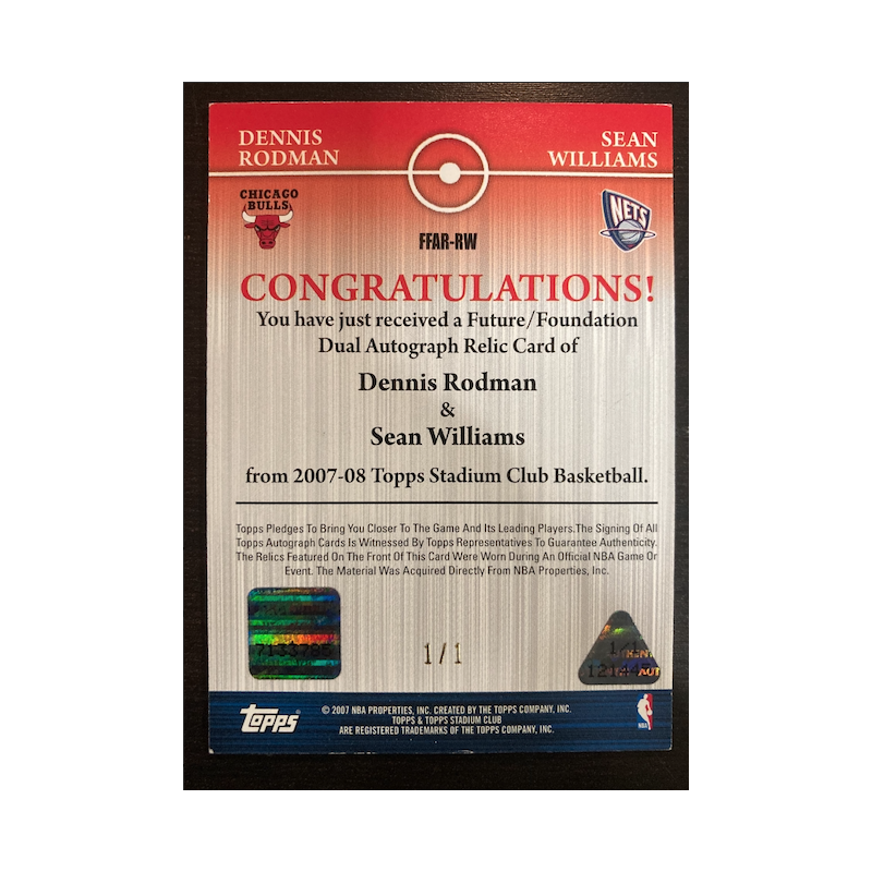 DENNIS RODMAN / SEAN WILLIAMS 2007 TSC FUTURES FOUNDATION AUTO RELICS DUAL 1/1- EXMT