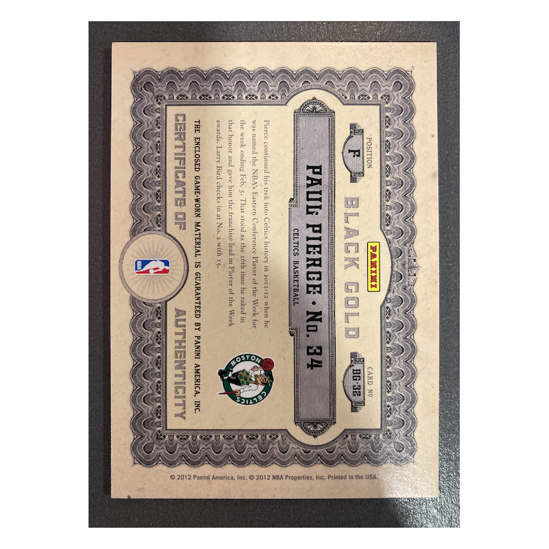PAUL PIERCE 2011 GOLD STANDARD BLACK GOLD JERSEY BLACK 30/149 - EXMT