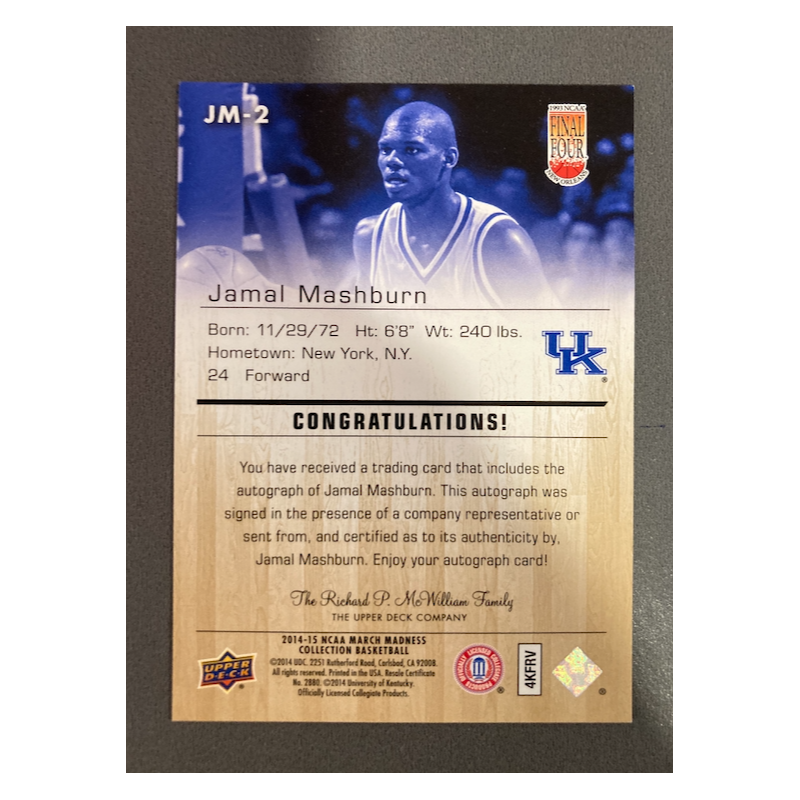 J MASHBURN 2014 UPPERDECK MARCH MADNESS AUTO JM-2
