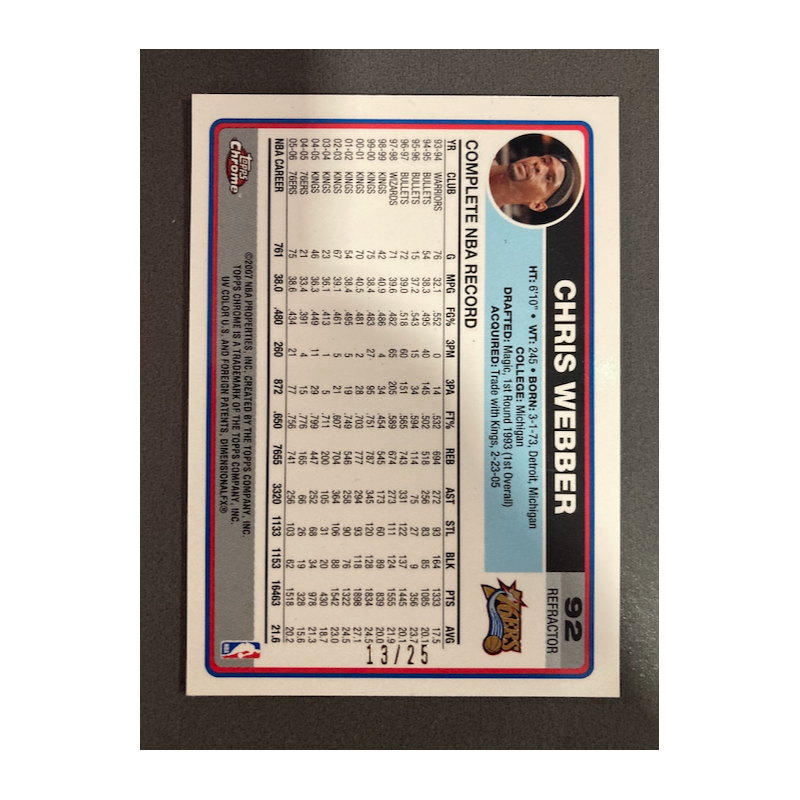 CHRIS WEBBER 2006 TOPPS CHROME GOLD REFRACTOR 92 13/25