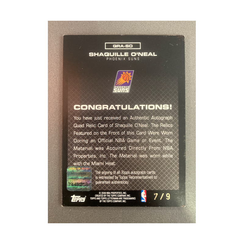 SHAQUILLE O'NEAL 2008 TOPPS LETTERMAN QUAD JERSEY AUTO 7/9