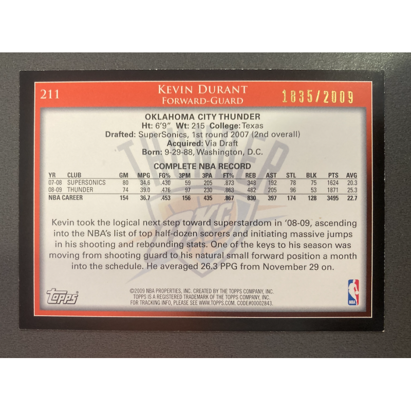KEVIN DURANT 2009 TOPPS GOLD 211 1835/2009