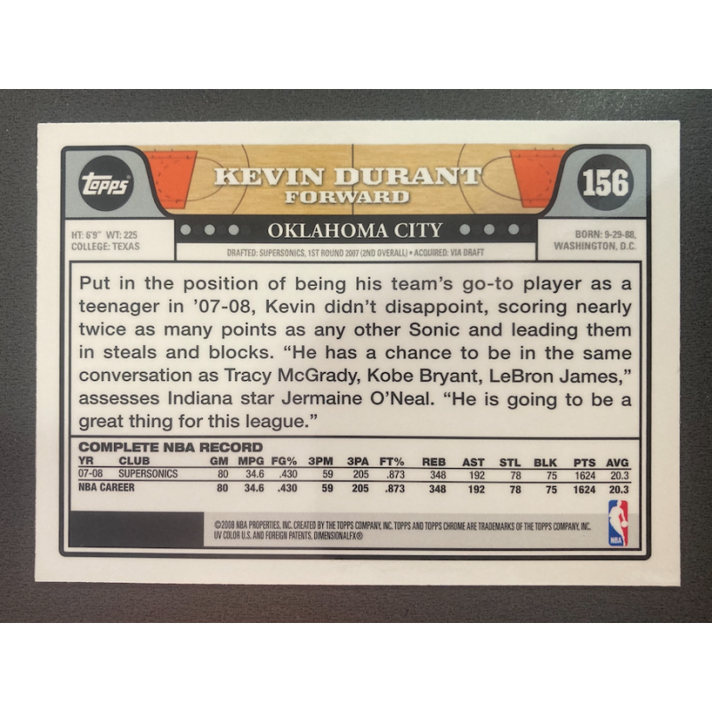 KEVIN DURANT 2008 TOPPS CHROME 156