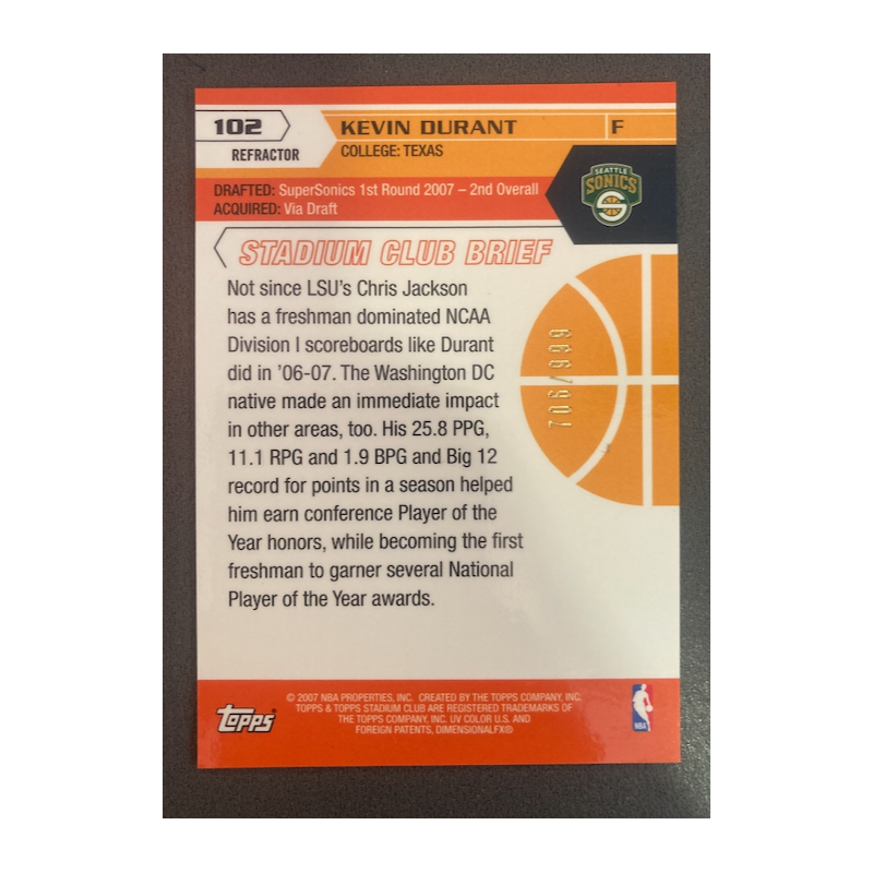 KEVIN DURANT 2007-08 STADIUM CLUB ROOKIE REFRACTOR 706/999