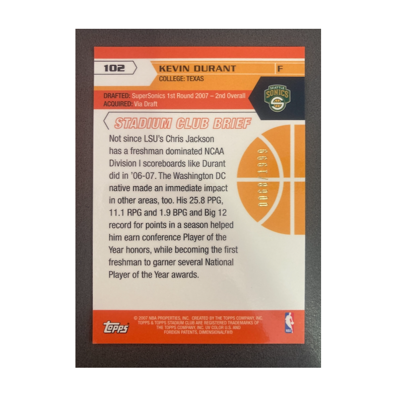 KEVIN DURANT 2007 STADIUM CLUB ROOKIE 68/1999