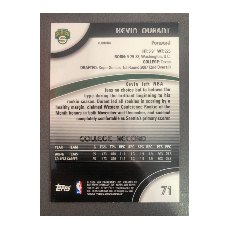 KEVIN DURANT 2007 TOPPS FINEST REFRACTOR 71