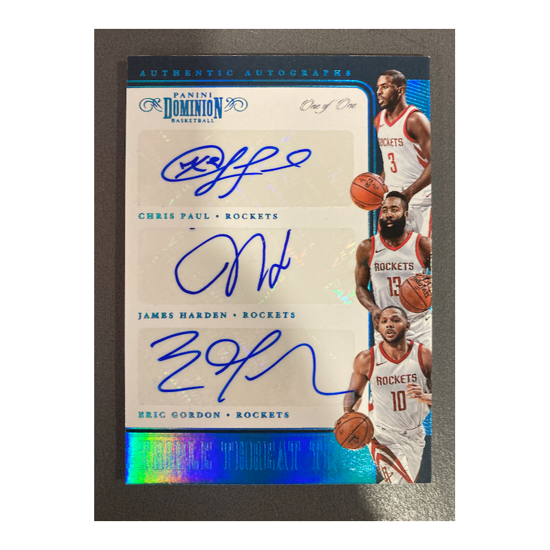 JAMES HARDEN / CHRIS PAUL / ERIC GORDON 2017 DOMINION TRIPLE AUTO 1/1 - EXMT CONDITION