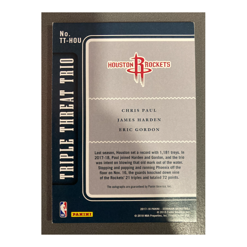 JAMES HARDEN / CHRIS PAUL / ERIC GORDON 2017 DOMINION TRIPLE AUTO 1/1 - EXMT CONDITION