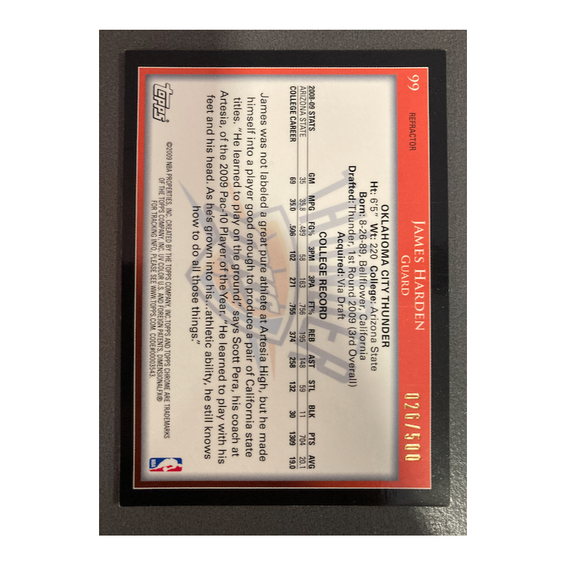 JAMES HARDEN 2009 TOPPS CHROME REFRACTOR RC 26/500