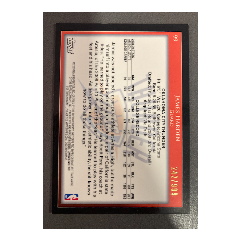 JAMES HARDEN 2009 TOPPS CHROME RC 242/999