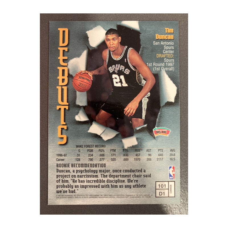 TIM DUNCAN 1997 TOPPS FINEST RC 101