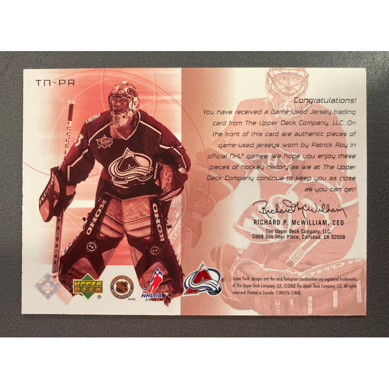 PATRICK ROY 2002 UPPER DECK CHALLENGE FOR THE CUP DUAL JERSEY