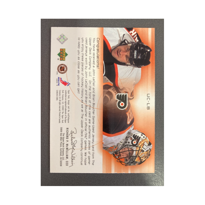 JOHN LECLAIR / BRIAN BOUCHER 2002 UPPER DECK CHALLENGE FOR THE CUP DUAL JERSEY