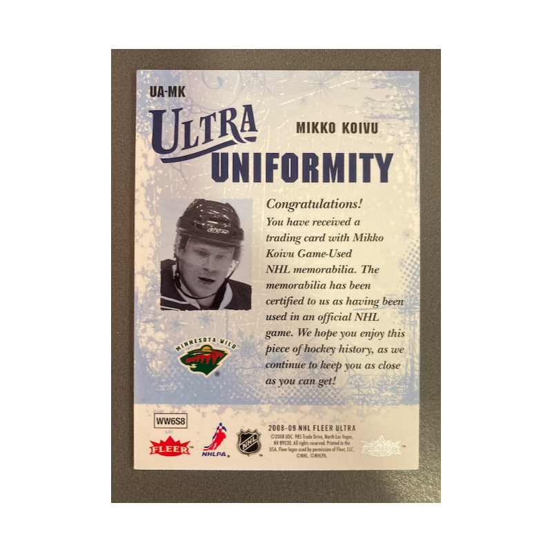 MIKKO KOIVU 2008 FLEER ULTRA UNIFORMITY JERSEY