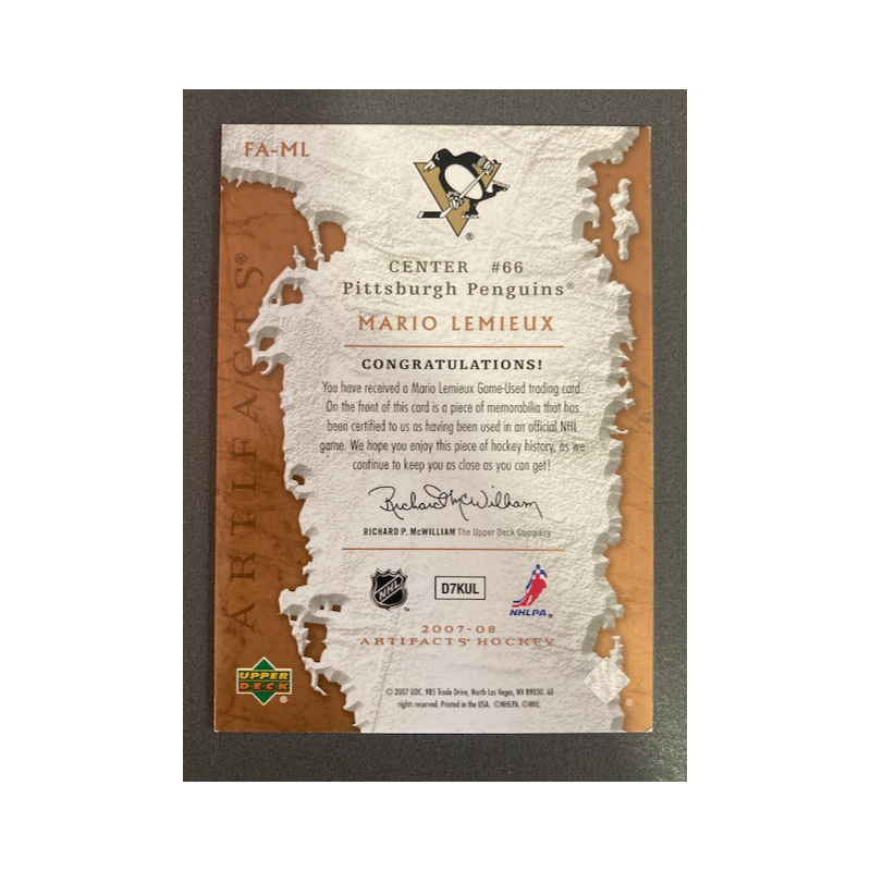 MARIO LEMIEUX 2007 UPPER DECK ARTIFACTS JERSEY 50/299