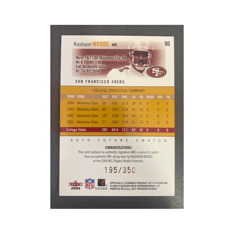 RASHAUN WOODS 2004 FLEERHOT PROSPECTS JERSEY AUTO /350