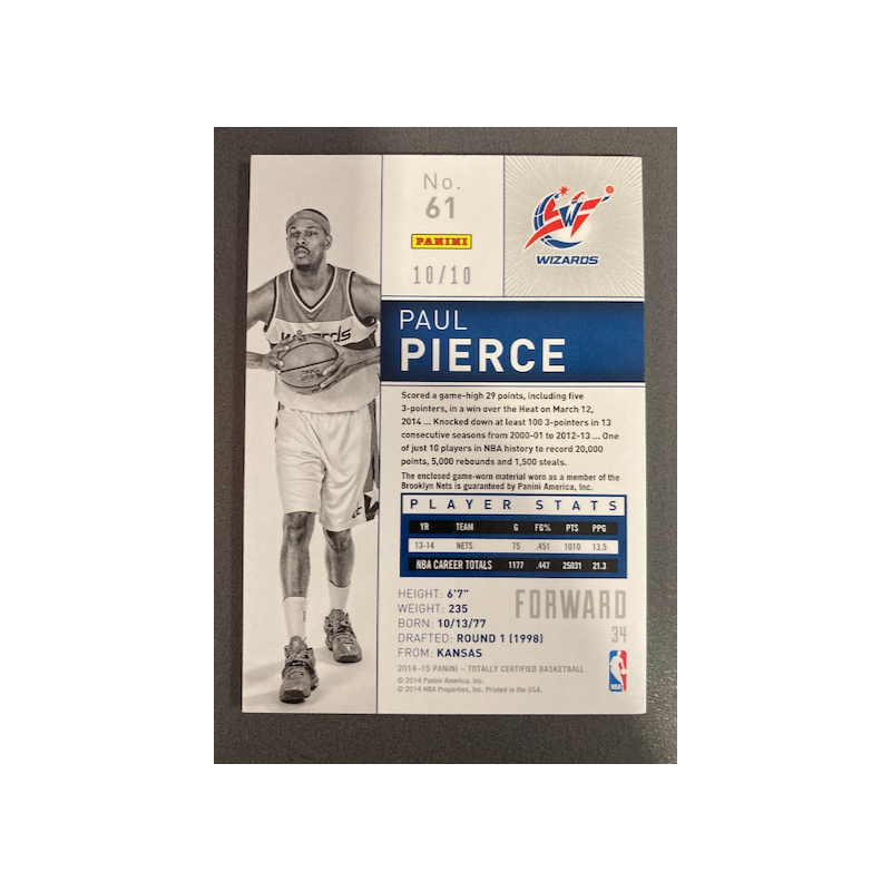 PAUL PIERCE 2014 TOTALLY CERTIFIED GOLD JERSEY 10/10