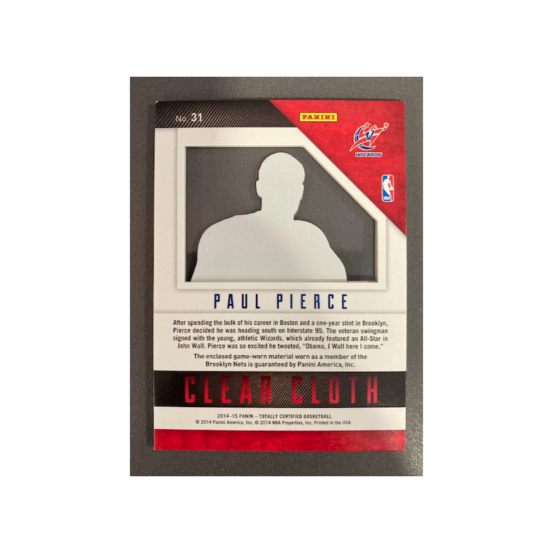 PAUL PIERCE 2014 TOTALLY CERTIFIED CLEAR CLOTH JERSEY 2/5 - EXMT CONDITION