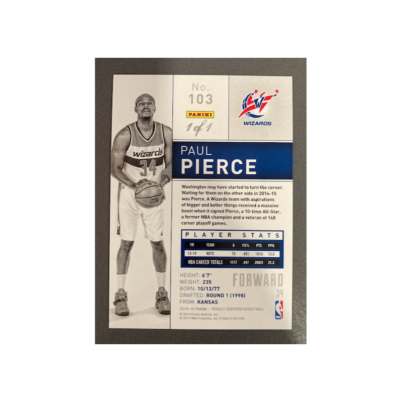 PAUL PIERCE 2014 TOTALLY CERTIFIED PLATINUM BLACK 103 1/1