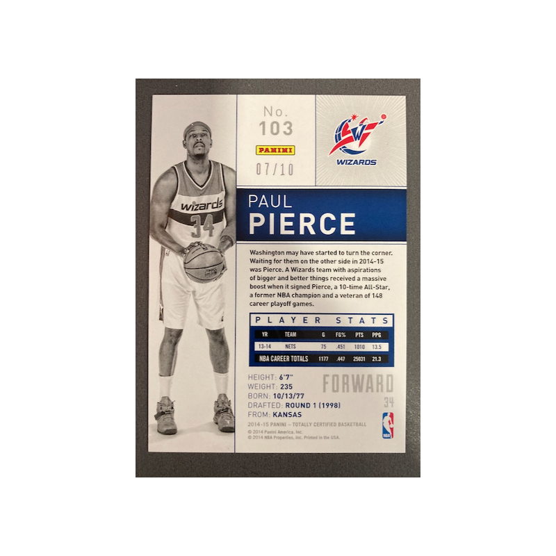 PAUL PIERCE 2014 TOTALLY CERTIFIED PLATINUM GOLD 07/10