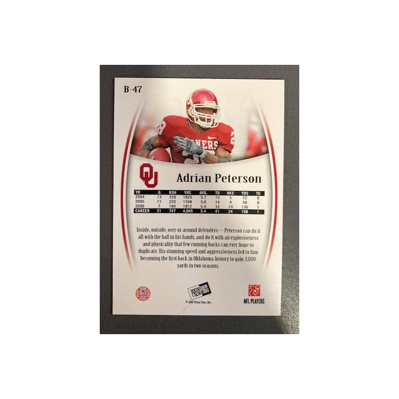 ADRIAN PETERSON 2007 PRESS PASS LEGENDS BRONZE ROOKIE /999