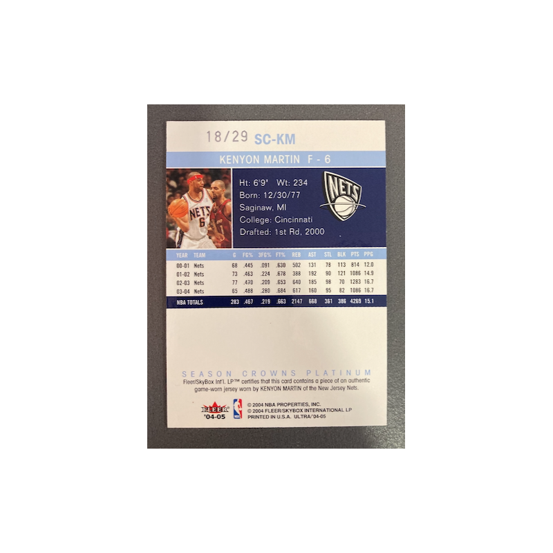 KENYON MARTIN 2004 FLEER ULTRA SEASON CROWNS SILVER JERSEY 18/29 - EXMT CONDITION