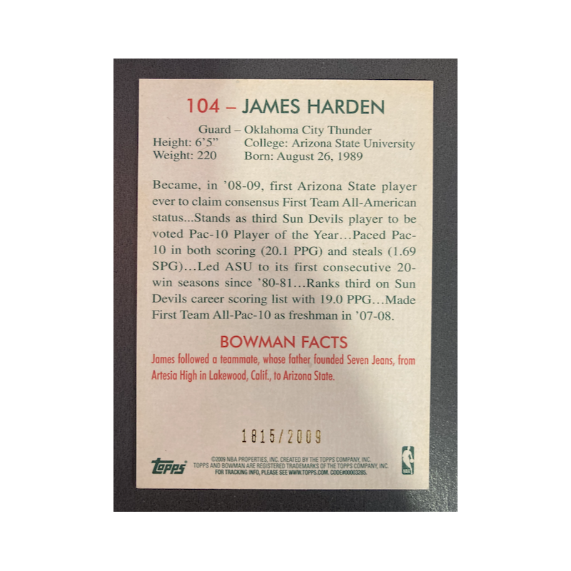 JAMES HARDEN 2009 TOPPS BOWMAN ROOKIE 1815/2009
