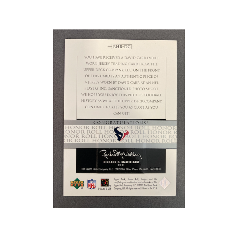 DAVID CARR 2002 UPPER DECK HONOR ROLL JERSEY