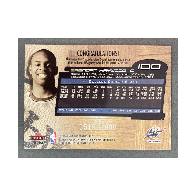 BRENDAN HAYWOOD 2001-02 HOOPS HOT PROSPECTS JERSEY /1000