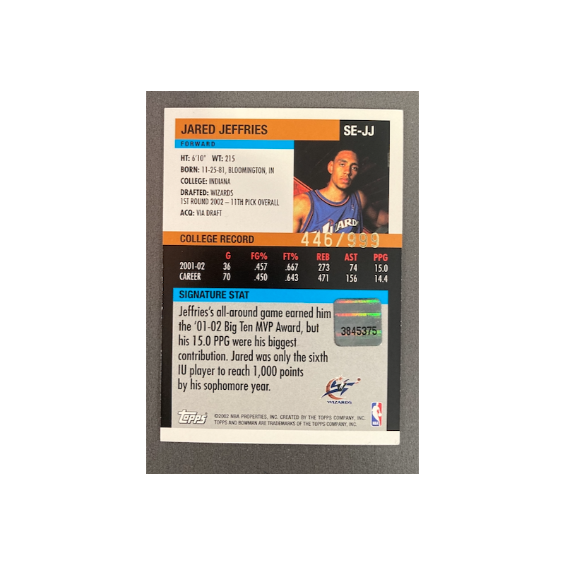 JARED JEFFRIES 2002 BOWMAN SIGNATURE ROOKIE JERSEY AUTO /999